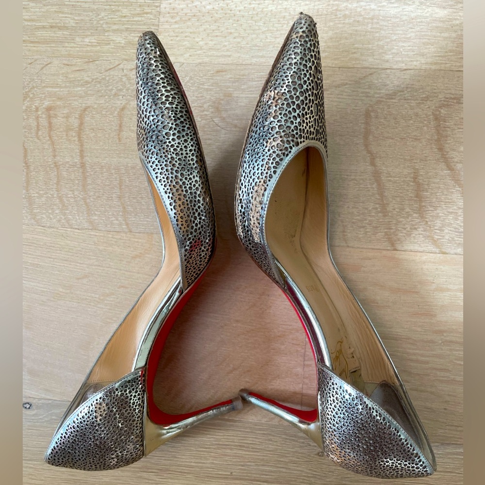 USED Christian Louboutin Galu Half-d'Orsay 70mm Red Sole Pump, Gold/Ivory (38)
